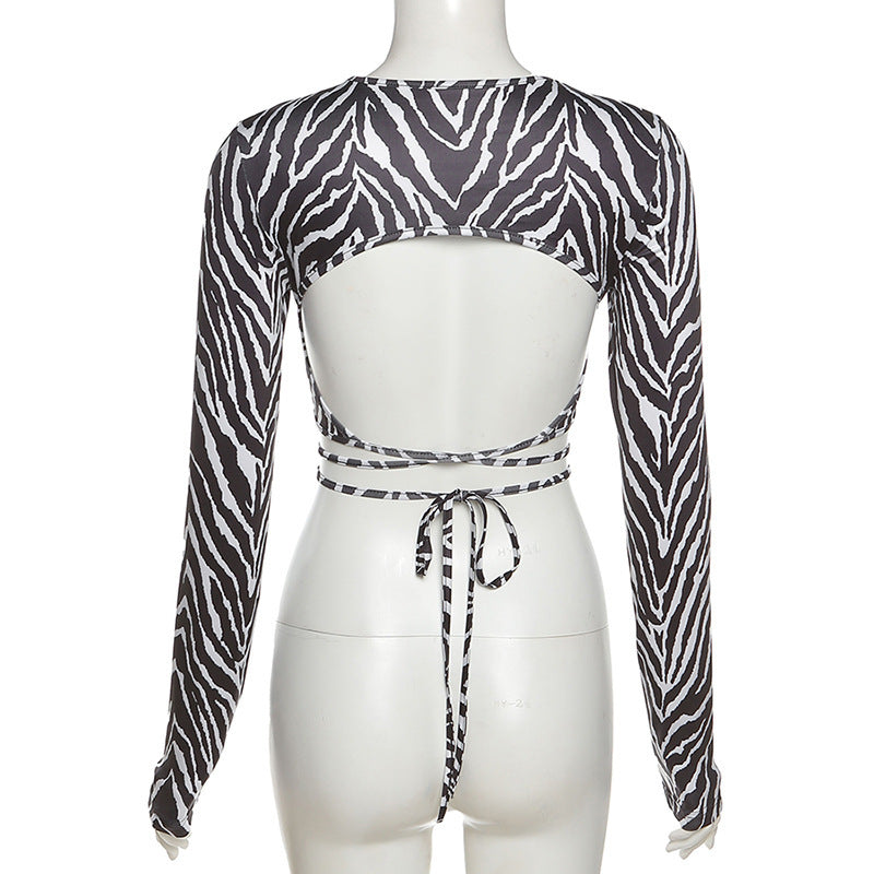Striped Print Lace-up Short Tops