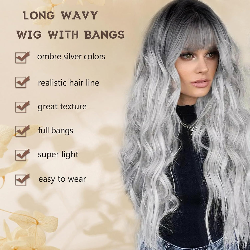 PORSMEER Long Wavy Curly Ombre Gray Wig with Fringe for Women Natural Synthetic Hair Heat Resistant Wigs for Ladies Daily or Party Cosplay Wear-26 Inches