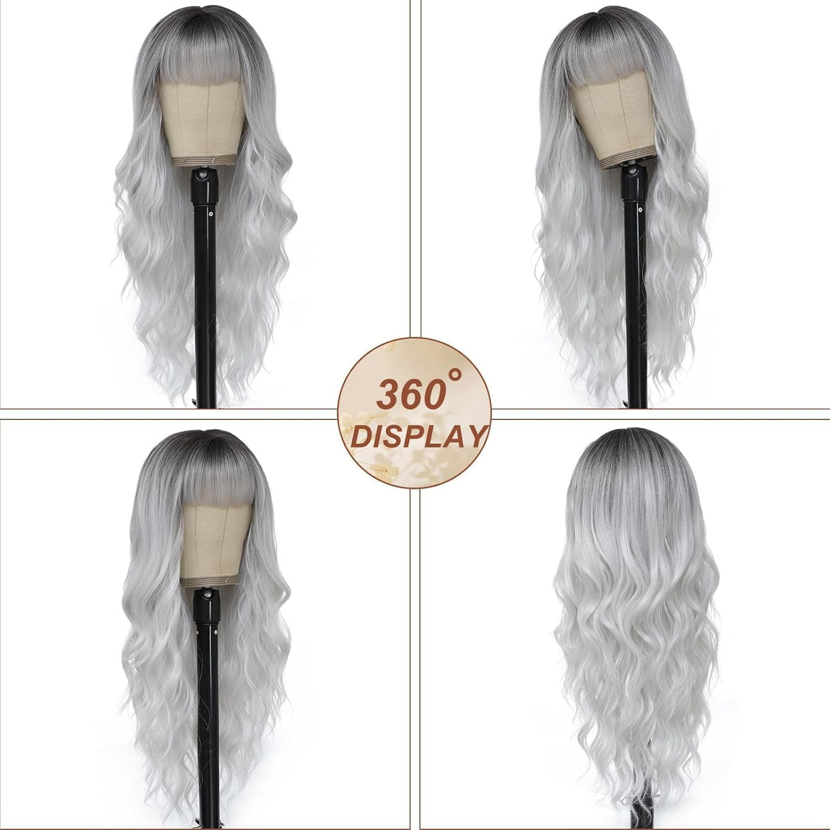 PORSMEER Long Wavy Curly Ombre Gray Wig with Fringe for Women Natural Synthetic Hair Heat Resistant Wigs for Ladies Daily or Party Cosplay Wear-26 Inches