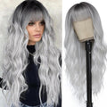 PORSMEER Long Wavy Curly Ombre Gray Wig with Fringe for Women Natural Synthetic Hair Heat Resistant Wigs for Ladies Daily or Party Cosplay Wear-26 Inches