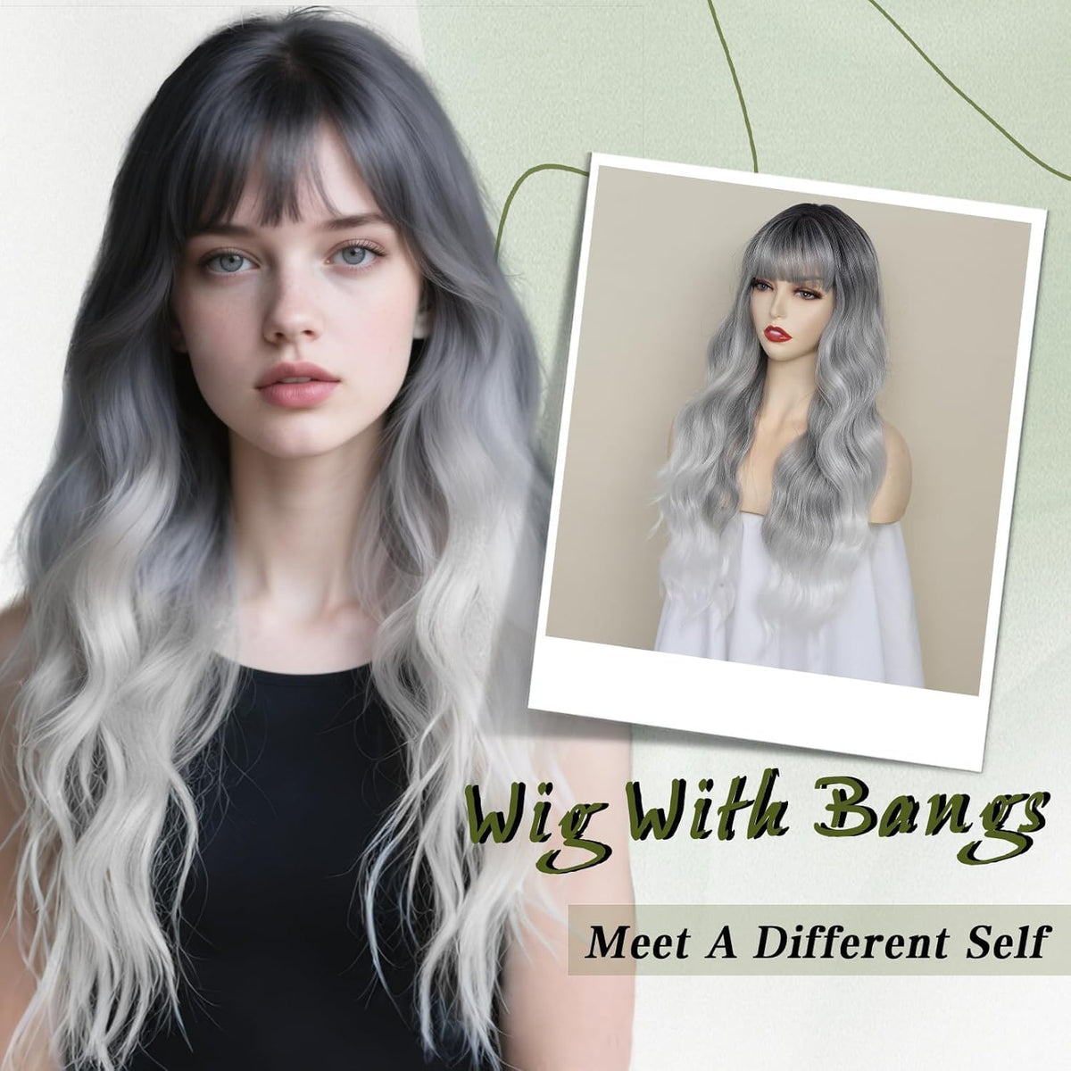 PORSMEER Long Wavy Curly Ombre Gray Wig with Fringe for Women Natural Synthetic Hair Heat Resistant Wigs for Ladies Daily or Party Cosplay Wear-26 Inches