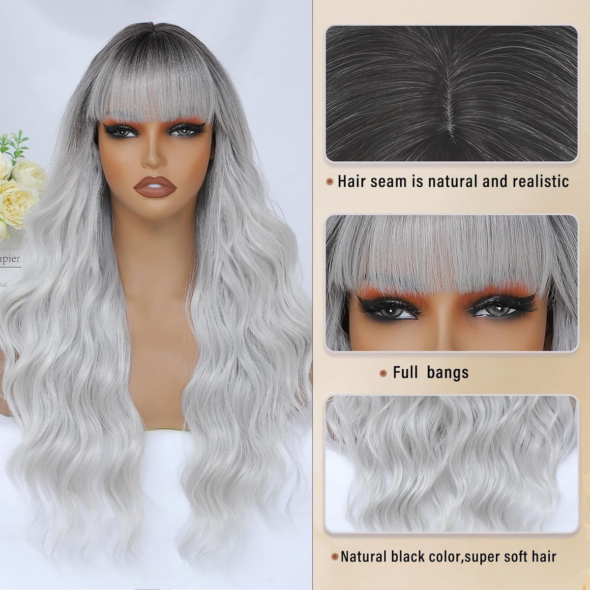 PORSMEER Long Wavy Curly Ombre Gray Wig with Fringe for Women Natural Synthetic Hair Heat Resistant Wigs for Ladies Daily or Party Cosplay Wear-26 Inches