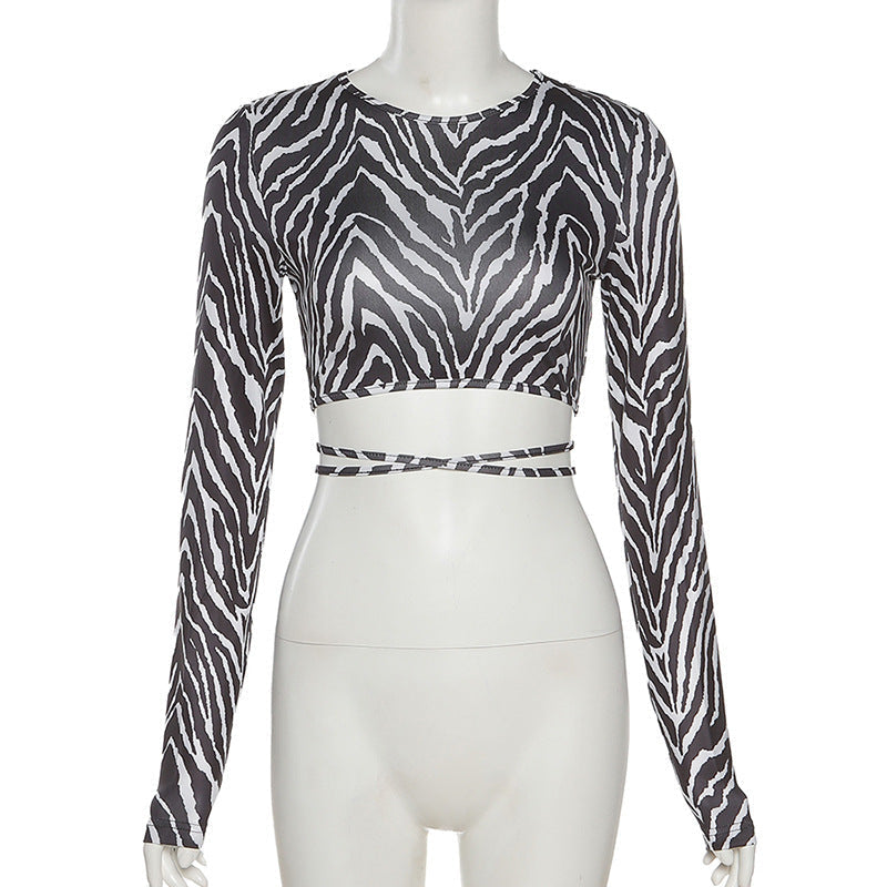 Striped Print Lace-up Short Tops
